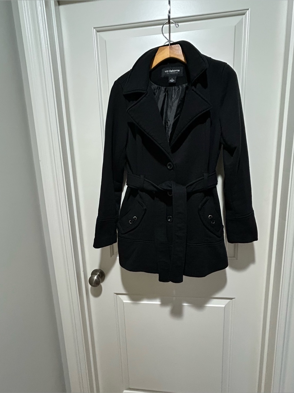 Liz Claiborne women’s size S Black Belted Peacoat with hood. Two pockets. Nice